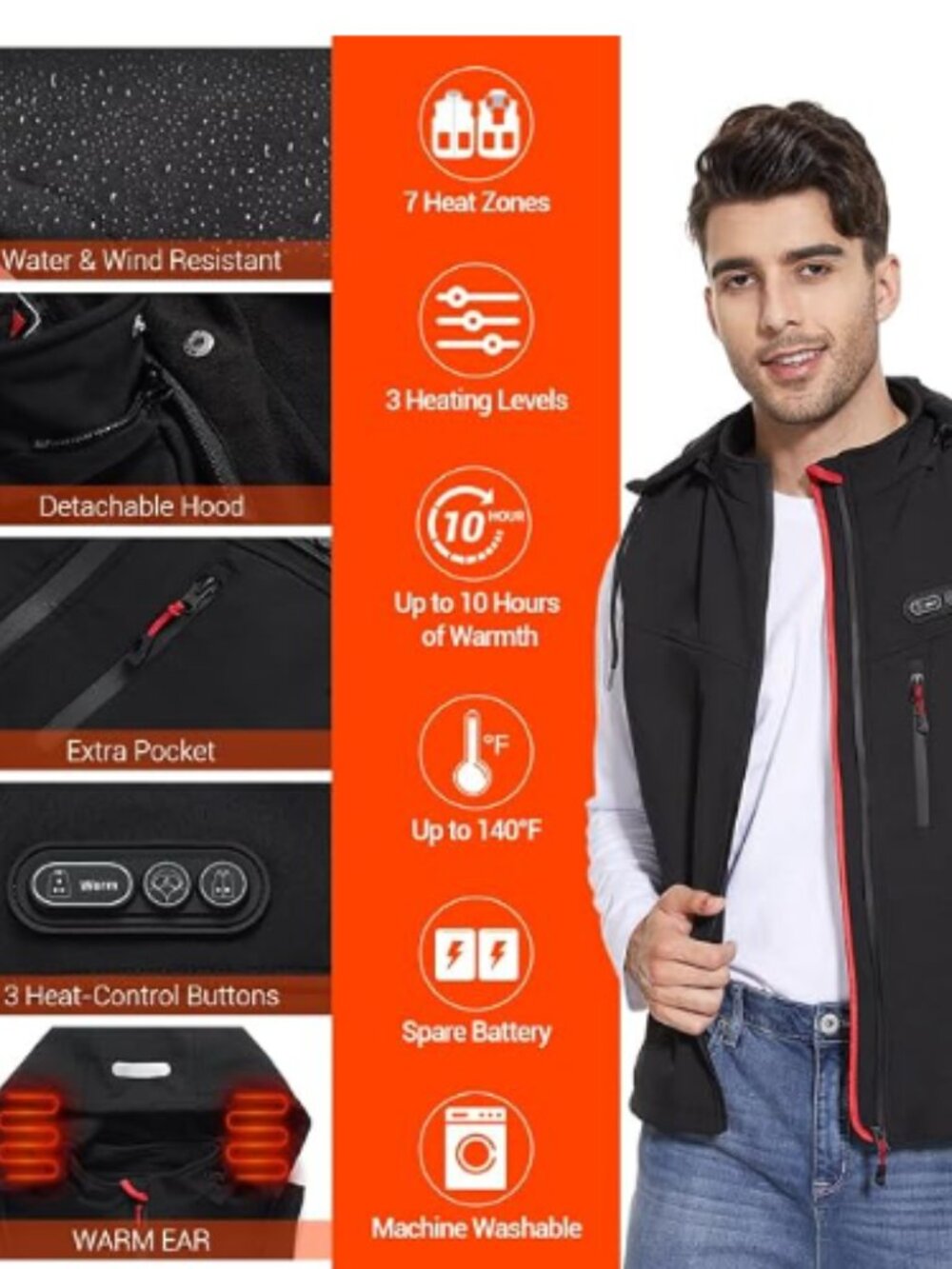 7.4V Fleece Heated Vest for Men with Heating Hood Heated Hoodie Extra Battery - Picture 2 of 11